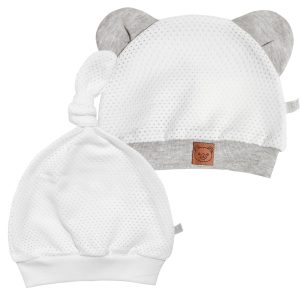 2 sztuki czapeczka dla noworodka ażurowa przewiewna na lato przeciw poceniu z siateczki biała z supełkiem i biało-szara z uszami
