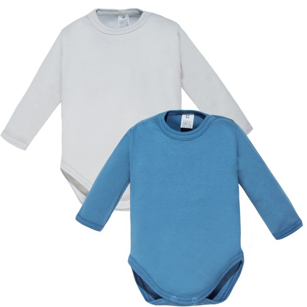 dwie sztuki body długi rękaw niemowlęce gładkie jasnoszare i w zgaszonym odcieniu niebieskiego jeans