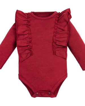gładkie body niemowlęce długi rękaw z falbankami w kolorze bordo dla dziewczynki Mrofi
