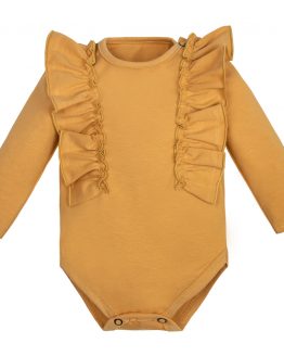 gładkie body niemowlęce długi rękaw z falbankami w kolorze karmelowe musztardowe dla dziewczynki Mrofi