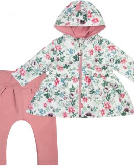 DRES KOMPLET NIEMOWLĘCY dla dziewczynki spodnie dresowe pudrowy róż i bluza rozkloszowana z marszczeniami kapturem i kokardą biała w kwiaty i listki