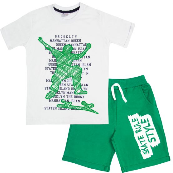 komplet letni dla chłopca krótkie spodenki bawełniane zielone z nadrukiem biała koszulka t-shirt z nadrukiem skate