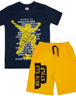 żółto-granatowy komplet bawełniany dla chłopca krótkie spodenki i koszulka z nadrukami skate