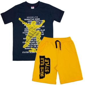 żółto-granatowy komplet bawełniany dla chłopca krótkie spodenki i koszulka z nadrukami skate