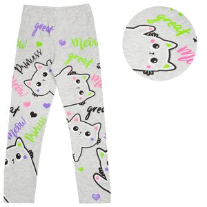 szare legginsy dla dziewczynki z kolorowym nadrukiem w kociaki