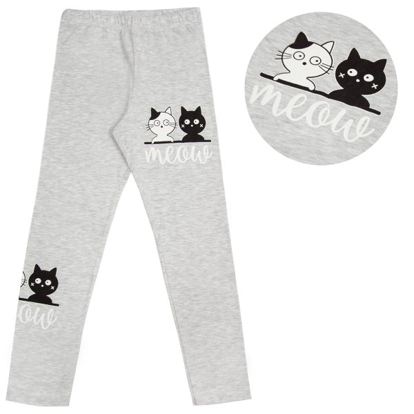 szare legginsy bawełniane kotki gładkie z nadrukiem dla dziewczynki