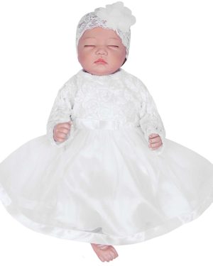 biała sukienka do chrztu w różyczki z tiulem i falbankami