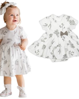 bodosukienka sukienka z body z krótkim rękawem śmietankowa w brązowe gałązki niemowlęca z kokardą i falbankami