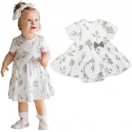 bodosukienka sukienka z body z krótkim rękawem śmietankowa w brązowe gałązki niemowlęca z kokardą i falbankami