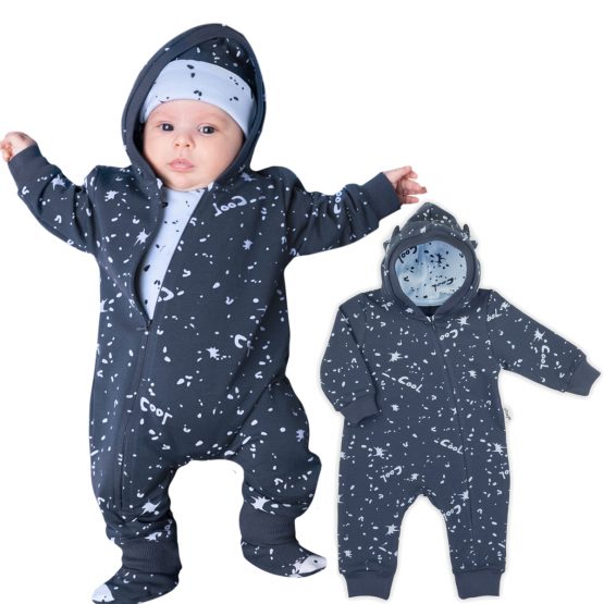 granatowy kombinezon pajacyk niemowlęcy w błękitne plamki i napisy cool z kapturem i uszami dresowy dla noworodka i niemowlaka