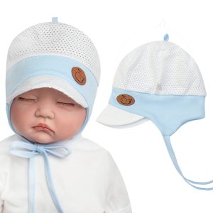 biało-błękitne czapka niemowlęca z daszkiem wiązana na uszy ażurowa przewiewna na lato przeciw poceniu