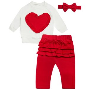 komplet niemowlęcy dla dziewczynki bluza śmietankowa z sercem spodenki czerwone z falbankami na pupie i opaska czerwona z kokardą