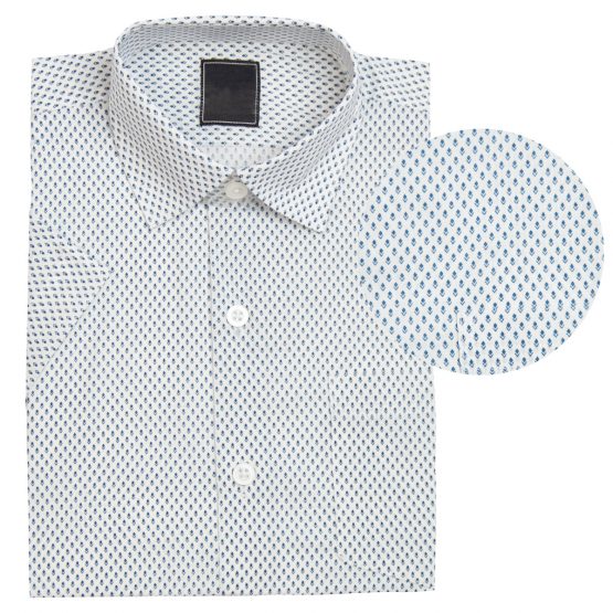 biała koszula wizytowa bawełniana dla chłopca krótki rękaw w drobny elegancki wzór niebieski kłos