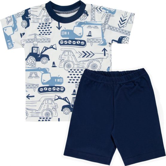 niebiesko-granatowa piżama dziecięca w koparki krótki rękaw na lato dla chłopca bluzka i spodenki