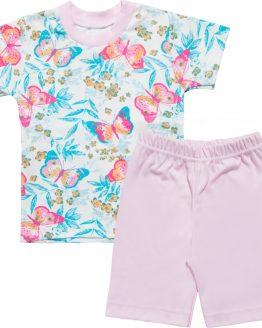 letnia piżamka dla dziewczynki piżama krótki rękaw bluzka w motylki i spodenki jasnoróżowe