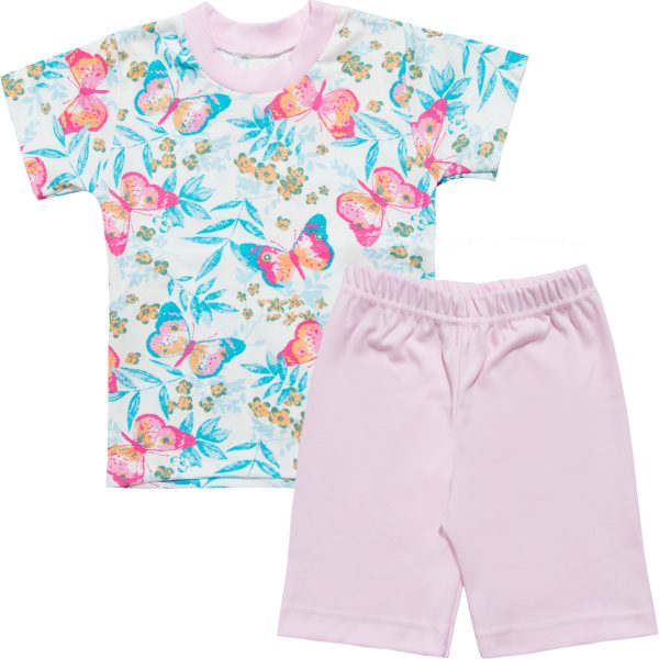 letnia piżamka dla dziewczynki piżama krótki rękaw bluzka w motylki i spodenki jasnoróżowe