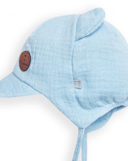 czapka niemowlęca i dziecięca z muślinu błękitna z daszkiem wiązana na uszy z uszami przewiewna i lekka na lato