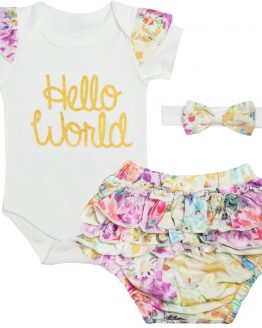 komplet letni niemowlęcy dla dziewczynki bloomersy majtki na pampersa body krótki rękaw z falbankami i opaska z kokardą w kwiaty