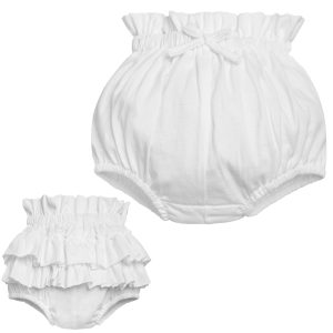 bloomersy niemowlęce dla dziewczynki białe z falbankami na pupie i kokardą majtki na pampersa