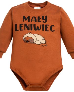 brązowe body niemowlęce długi rękaw z humorystycznym nadrukiem mały leniwiec