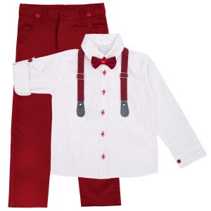 elegancki komplet dla chłopca wizytowy z koszulą szelkami spodniami i muchą