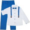 niebieski elegancki garnitur dla chłopca z koszulą szelkami niebieską muchą i spodniami
