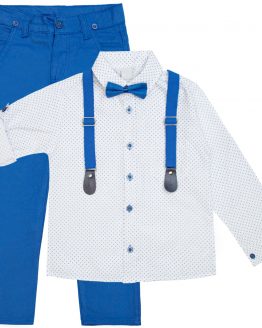 niebieski elegancki garnitur dla chłopca z koszulą szelkami niebieską muchą i spodniami