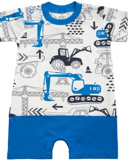 biało-niebieski rampers niemowlęcy w koparki krótki rękaw dla chłopca ubranko letnie