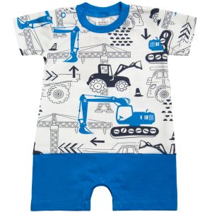 biało-niebieski rampers niemowlęcy w koparki krótki rękaw dla chłopca ubranko letnie