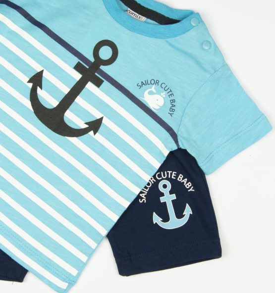 komplet letni dla chłopca błękitny t-shirt i krótkie spodenki sailor