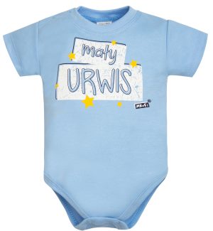 błękitne body niemowlęce bawełniane krótki rękaw dla chłopca z wesołym napisem MAŁY URWIS