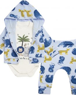 błękitny komplet niemowlęcy dla noworodka wyprawka dla chłopca bluza spodenki i body długi rękaw w motyw safari bawełna prezent dla mamy