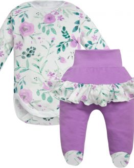 komplet niemowlęcy kwiecisty dla dziewczynki body długi rękaw w kwiaty i półśpiochy ze stópkami i ozdobną falbanką