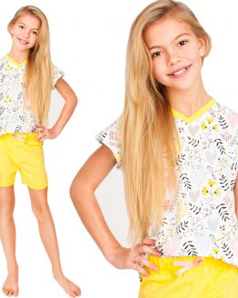 biało-żółta piżama dla dziewczynki dziecięca któtki rękaw i krótkie spodenki bawełniana