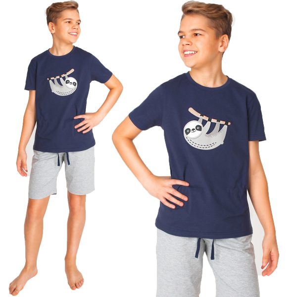 granatowo-szara piżama letnia dla chłopca z nadrukiem leniwca krótkie spodenki i bawełniana koszulka krótki rękaw