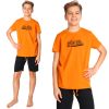 piżama dziecięca dla chłopca krótki rękaw koszulka pomarańczowa z nadrukiem auto retro i czarne krótkie spodenki z troczkami wygodna bawełniana na lato