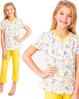 biało-żółta piżama letnia dla dziewczynki krótki rękaw w gałązki i spodenki 3/4 żółte