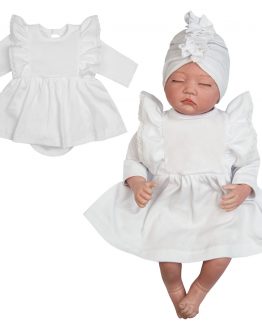 biała sukienka do Chrztu bodosukienka dla noworodka i niemowlajasukienko-body z długim rękawem i falbankami ozdobionymi koronką