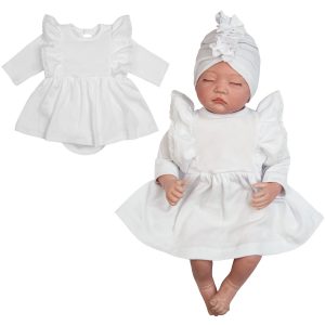 biała sukienka do Chrztu bodosukienka dla noworodka i niemowlajasukienko-body z długim rękawem i falbankami ozdobionymi koronką