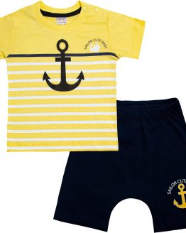 komplet letni dla chłopca żółty t-shirt i krótkie spodenki sailor