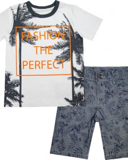 komplet letni dla chłopca bawełniany t-shirt koszylka z nadrukiem i spodenki w tropikalne liście