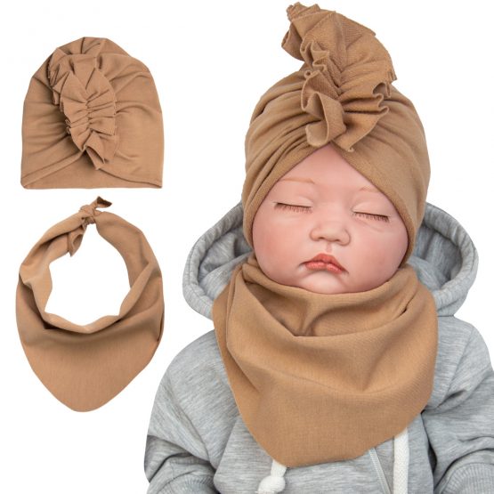 komplet dresowy dla dziewczynki turban i apaszka niemowlęca w kolorze toffi ciemny beż
