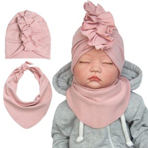 komplet dresowy dla dziewczynki turban i apaszka niemowlęca w kolorze pudrowy róż