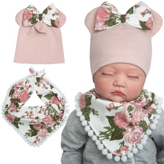 komplet niemowlęcy wiosna jesień czapka z uszami i kokardą i apaszka kwiecista z pomponami dla niemowlaka i dziewczynki komplet