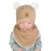 ciepły komplet niemowlęcy czapka i apaszka w kolorze toffi podszyte ciepłym futerkiem wiązana pod szyją zakrywająca uszy