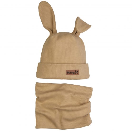komplet dziecięcy wiosna jesień czapka i komin dwuwarstwowy prążek bawełniany z uszami królik beżowy