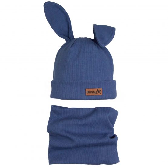 komplet dziecięcy wiosna jesień czapka i komin dwuwarstwowy prążek bawełniany z uszami królik jeans granatowy