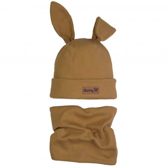 komplet dziecięcy wiosna jesień czapka i komin dwuwarstwowy prążek bawełniany z uszami królik jasny brąz