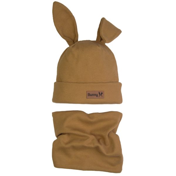 komplet dziecięcy wiosna jesień czapka i komin dwuwarstwowy prążek bawełniany z uszami królik jasny brąz