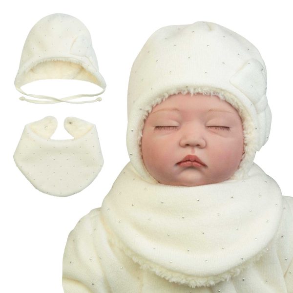 czapka i apaszka komplet ciepły na futerku dla noworodka i niemowlaka dziewczynki sweterkowy ecru w perełki z kokardą